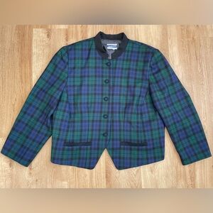 Vintage Pendleton 100% wool blazer blue green plaid black trim classic preppy